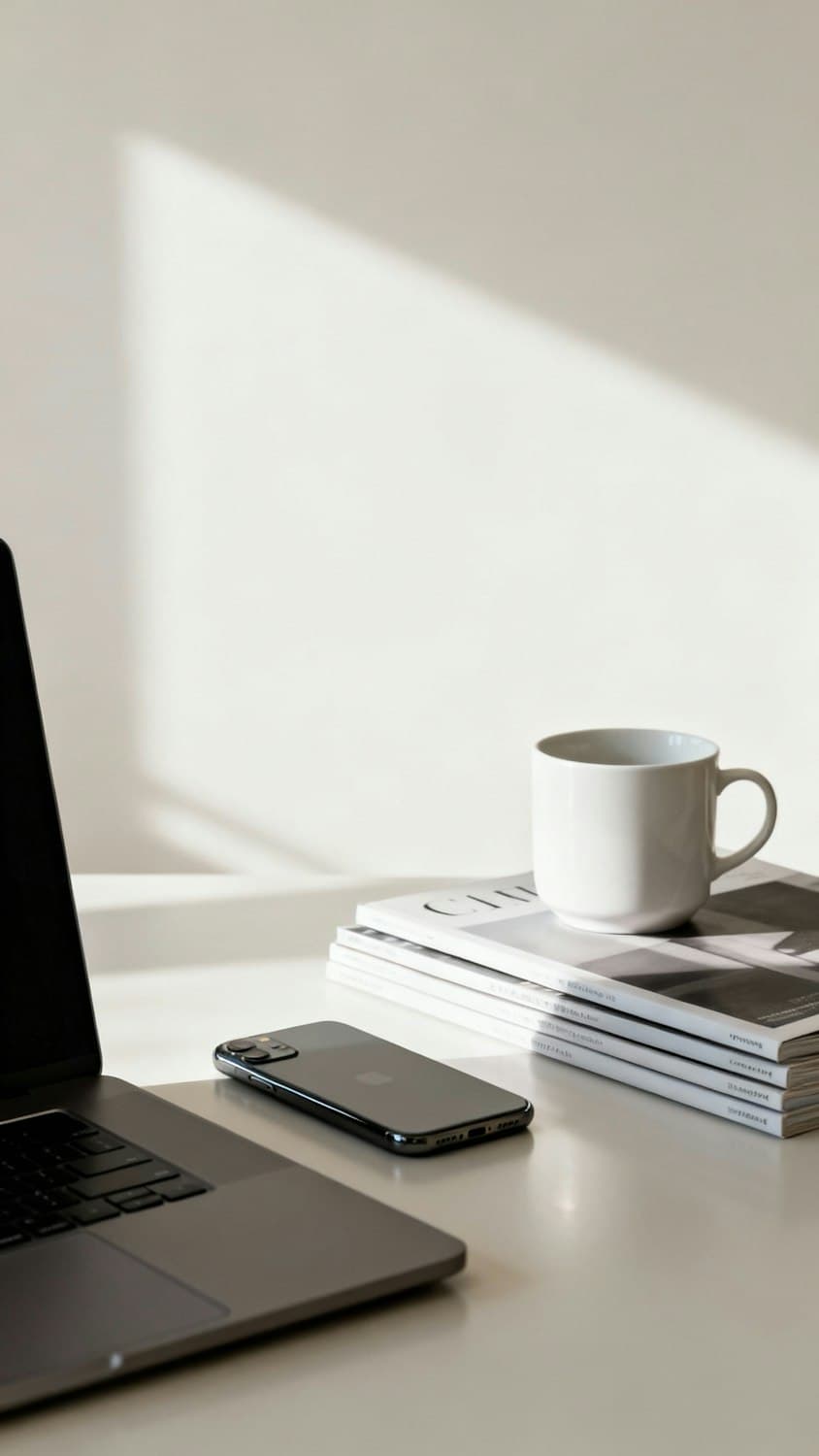 A laptop, phone and coffee cup on a bright desk